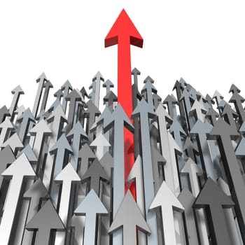 Growth and Success breaking through moving up and standing out from the crowd and aspireing for greatness and clear focus of a goal as a red arrow leading the race with grey arrows for  competition acheivment.