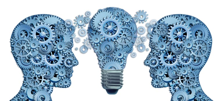 Lead and Learn Innovation strategy with two human brains working together as a business team to find solutions and answers to challenges showing gears and cogs with an innovative  ligthbulb concept of new ideas.