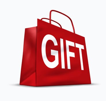 Gift red shopping bag with gifting packaging representing the concept of presents and holiday shoppers looking for surprise bargains and low prices at the mall department stores.