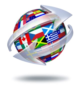 World communications symbol and global connections concept with international flags of the globe with two curved arrows going around the sphere as a social exchange and trade icon for imports and exports of goods and digital media content.