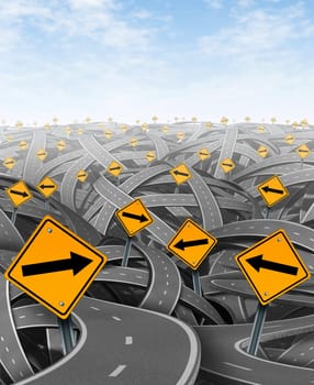 Solutions and strategy with goals and strategic journey choosing the right strategic path for business with yellow traffic signs with arrows tangled roads and highways in a confused direction.