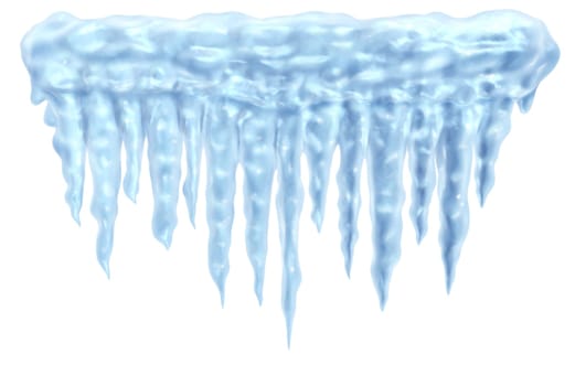 icicles and ice frozen winter design element on a white background representing the cold arctic weather and low freezing  temperatures resulting in hanging shiny transparent ice crystals.