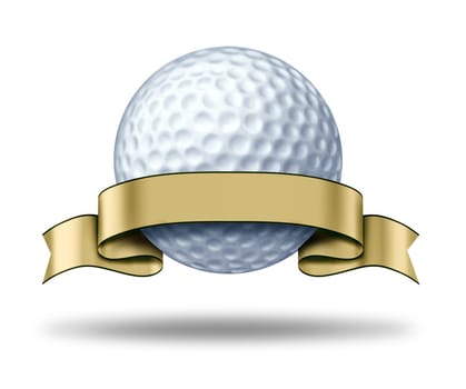 Golf Award with blank gold label showing a golfing tournament champion symbol represented by a white golf ball and golden ribbon as a concept of golfer sports competion winning and golf course  game activity.