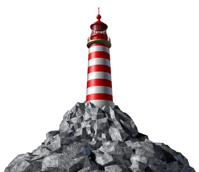Lighthouse on a rock mountain and strategic guidance symbol with a light house concept on a white background from the high tower for security and clear direction assistance in planning for a business strategy and clear guidance and consultation advice.