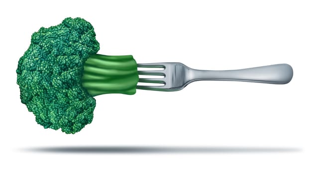 Health food with brocoli on a fork showing a natural green organic  juicy vegetable with a silver metal fork in it to represent healthy eating and vegetarian or dieting lifestyle.