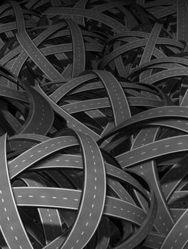 Lost and confused direction going nowhere in business and life symbol represented by tangled bundeled roads and highways interlinked in a chaotic unclear complicated direction and perplexing path that has no end or beginning as a wrong strategy and losing plan or challenge.