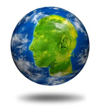 Interactive global communications leader concept with a planet Earth with a continent map shaped as a human head and face representing leadership and business success in international virtual connections from around the world.