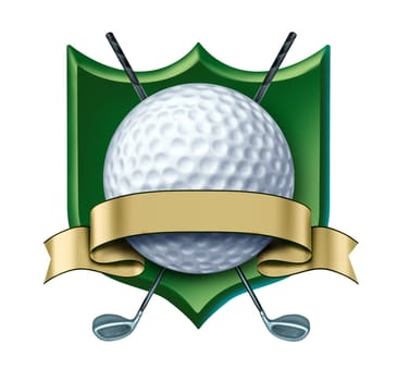 Golf Award with green crest and blank gold label showing a golfing tournament champion symbol represented by a white golf ball and golden ribbon as a concept of golfer sports competion winning and golf course  game activity for a country club.