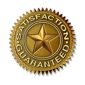 Satisfaction Guaranteed gold seal with star rating on a white bakground  with full warranty and quality customer service on a folden award badge medal as an authority and certificate of best in class.