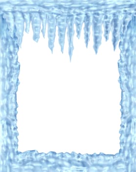 Frozen ice and icicles frame winter design element on a blank white background representing the cold arctic weather and low freezing  temperatures resulting in hanging shiny transparent ice crystals.