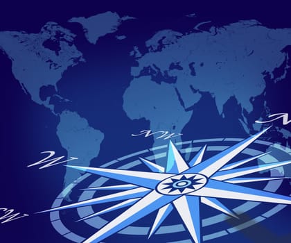 Map of the globe with compass on blue world background representing travel direction and business traveling journey for navigating to new global trading opportunities with the world.