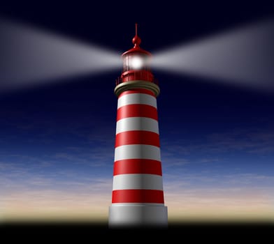 Beacon of hope and strategic guidance symbol with a lighthouse concept beaming light from the high tower for security and clear direction assistance in planning a journey or business strategy on a night sky before sunset or dusk.