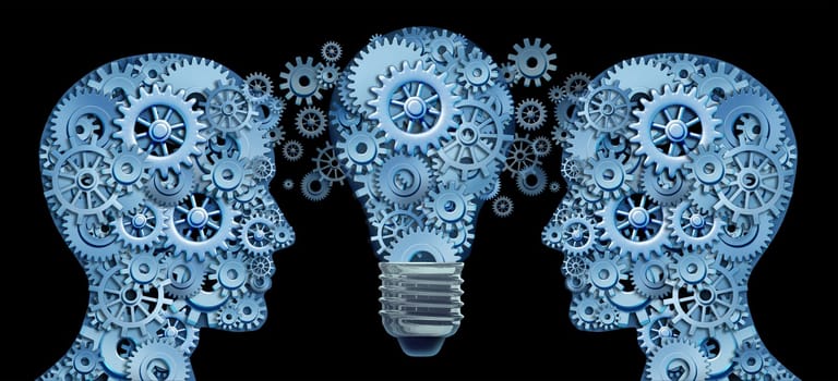 Working together as a team for innovative strategies and creating new ideas and products through leadership and education represented by two human heads and a lightbulb in the shape of gears and cogs .