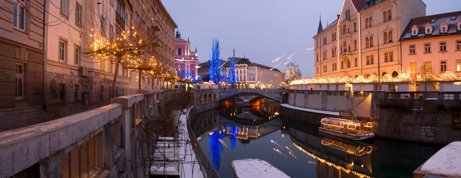 ljubljana city decorated for christmas at dusk