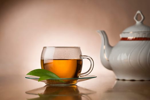 Fresh hot green tea close up shoot