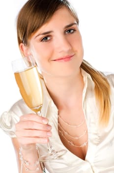 young woman holding glass of champagne close up