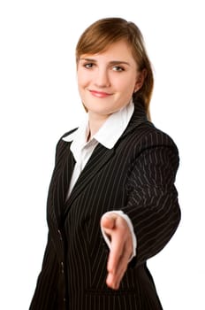 young business woman shaking hand close up