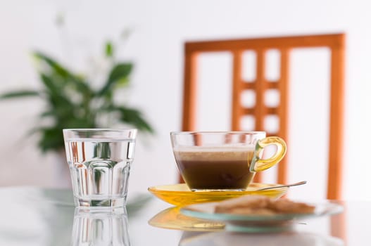 Fresh morning coffee and water close up shoot