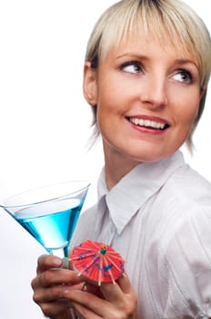 young beautiful blond woman holding cocktail close up