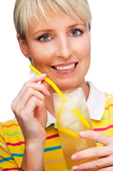 young blond woman drinking lemonade close up