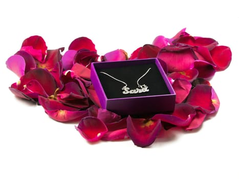 heart of roses with silver neckalce with letters Sara