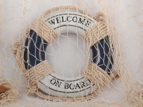 safe belt and fishing net on white background