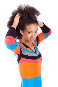 Black African American teenage girl holding her afro hair, isolated on white background