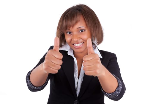 Smiling black african american business woman making thumbs up, isolated on white background