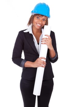 Confident Black African American woman architect smiling with folded arms, isolated on white background