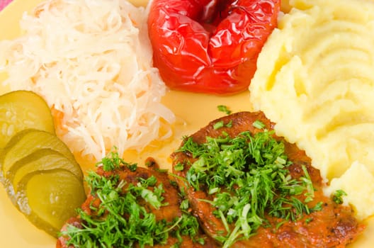 Stewed meat with vegetables on a garnish