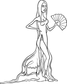Black and White Cartoon Illustration of Beautiful Sexy Woman in Dress or Gown or Spanish Dancer