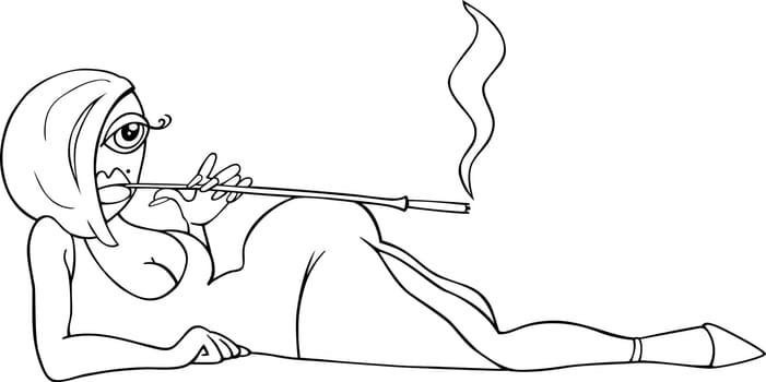 Black and White Cartoon Illustration of Sexy Woman in Dress with Cigarette