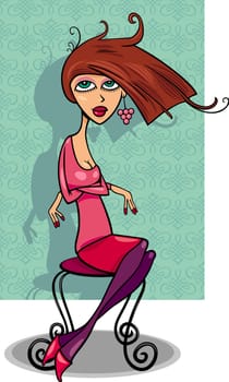Cartoon Illustration of Cute Young Woman Sitting on Vintage Chair