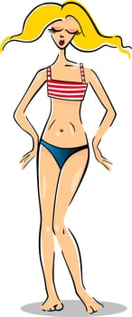 Cartoon Illustration of Cute Pretty Woman in Bikini or Swimsuit or Swimwear