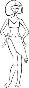 Black and White Cartoon Illustration of Cute Pretty Woman in Bikini or Swimsuit or Swimwear