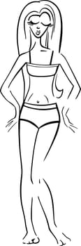 Black and White Cartoon Illustration of Cute Pretty Woman in Bikini or Swimsuit or Bathing Suit