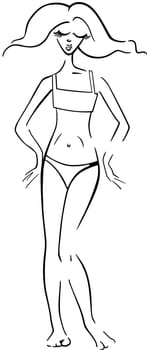 Black and White Cartoon Illustration of Cute Pretty Woman in Bikini or Swimsuit or Swimwear