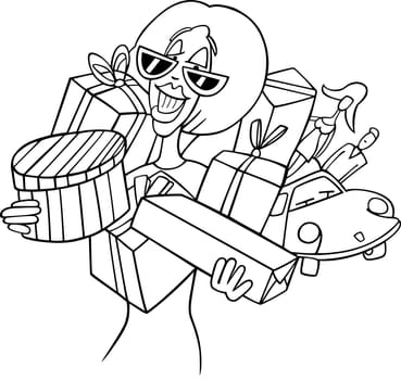 Black and White Cartoon Illustration of Happy Woman Doing Big Shopping