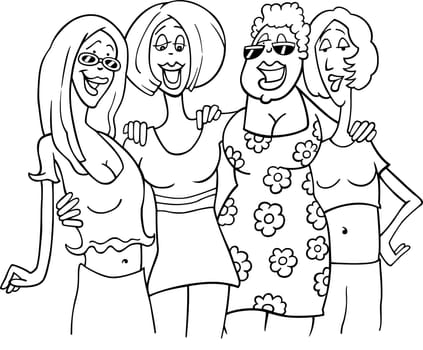 Black and White Cartoon Illustration of Four Women Friends Meeting