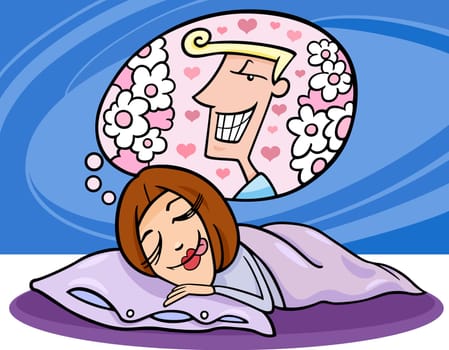 Cartoon Illustration of Cute Funny Woman in Love Dreaming about a Man