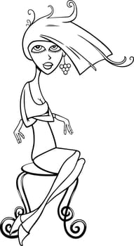 Black and White Cartoon Illustration of Cute Young Woman Sitting on Vintage Chair