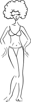 Black and White Cartoon Illustration of Cute Pretty Woman in Bikini or Swimsuit or Bathing Costume