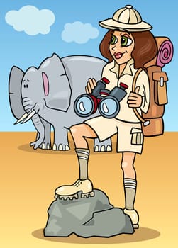 Cartoon Illustration of Cute Woman Traveler on African Safari with Elephant