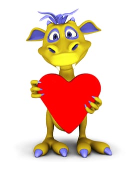 A cute cartoon monster holding a big red heart and looking very happy. White background.
