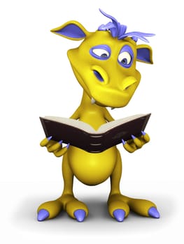 A cute cartoon monster reading a book he is holding in his hands. White background.