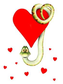 A cute cartoon snake hanging from a big red heart. Several small hearts below him. Isolated on white background.