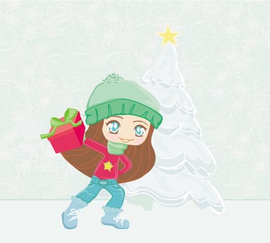 Christmas postcard with beautiful girl