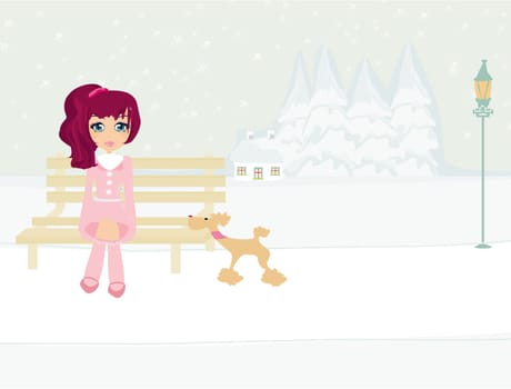 winter girl and her dog in the park on winter landscape