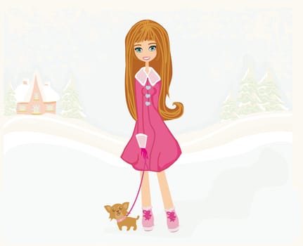 winter girl and her dog on winter landscape