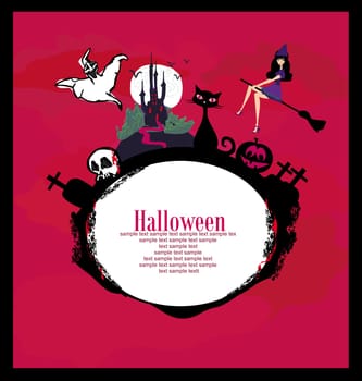 halloween invitation or background with spooky castle and bats , witch, cat, skull and graves